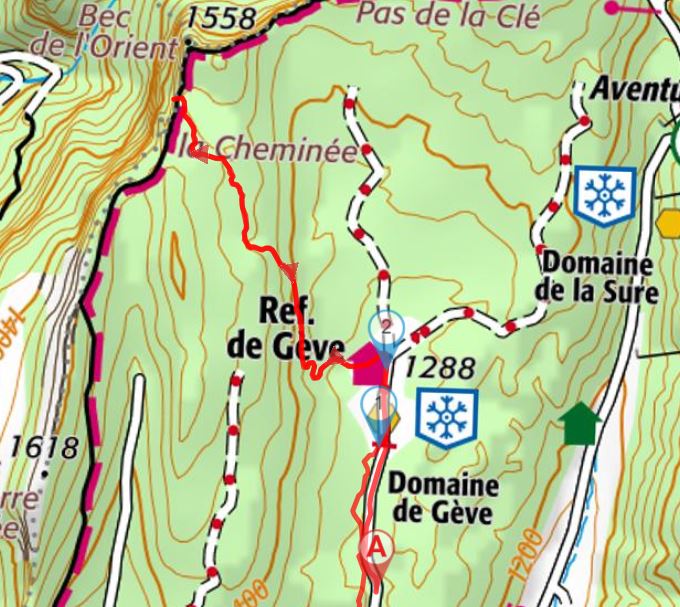 carte IGN de la rando raquettes à Autrans, domaine de Gève, circuit n°7